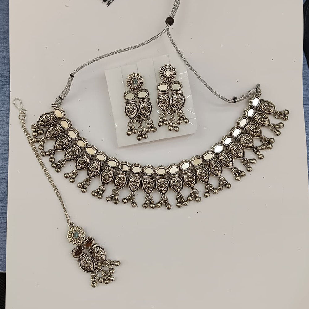 Urthn Oxidised Plated Traditional Mirror Choker Necklace Jewellery Set