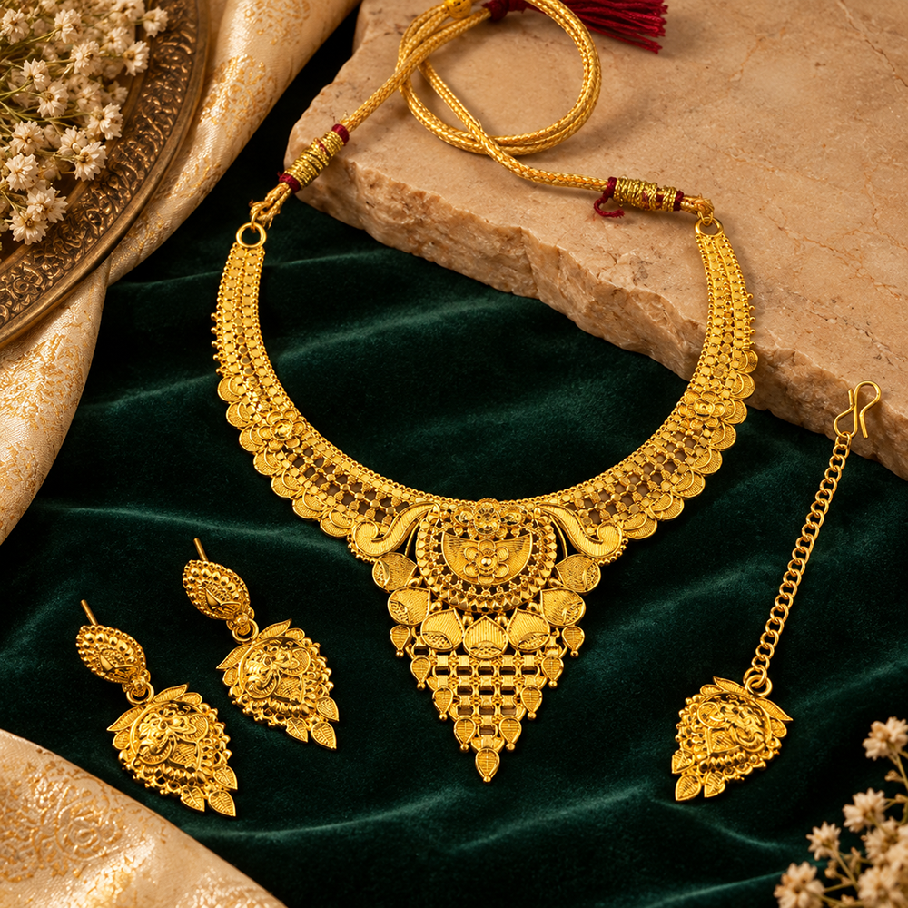 Urthn Traditional Gold Plated Necklace Set with Maangtikka | Elegant Ethnic Jewellery for Women