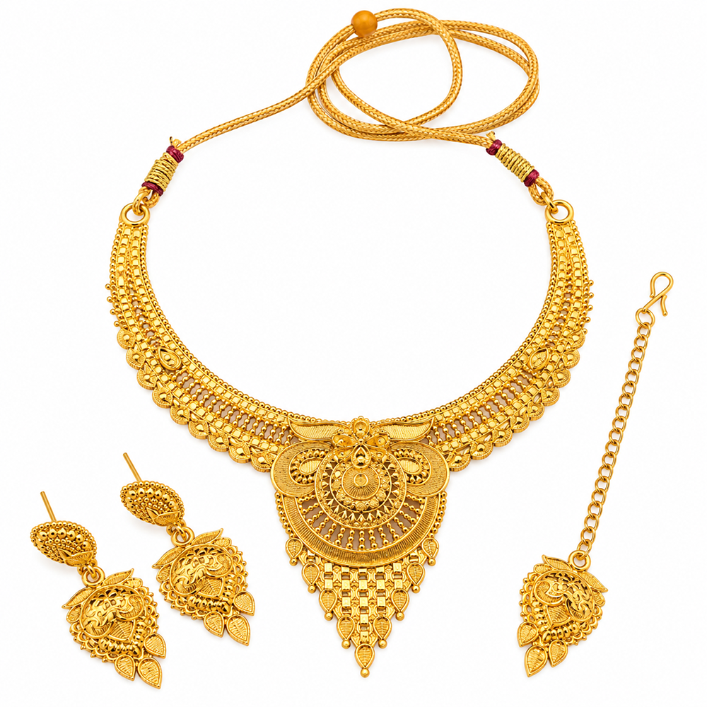 Urthn Elegant Gold Plated Ethnic Necklace Set with Maangtikka | Wedding & Special Occasion Jewellery(Pack Of 3 )