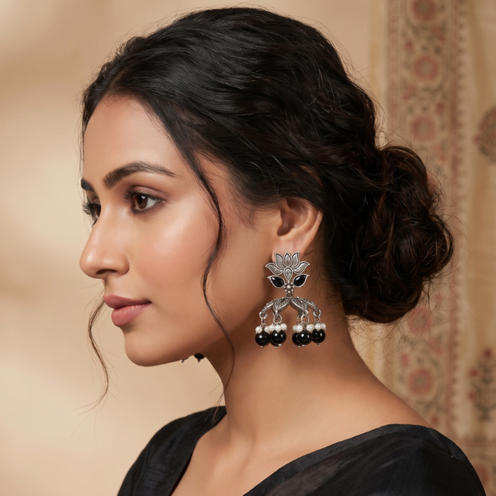 Wearhouse Fashion Oxidised Plated Pota Stone And Pearl Jhumki Earrings