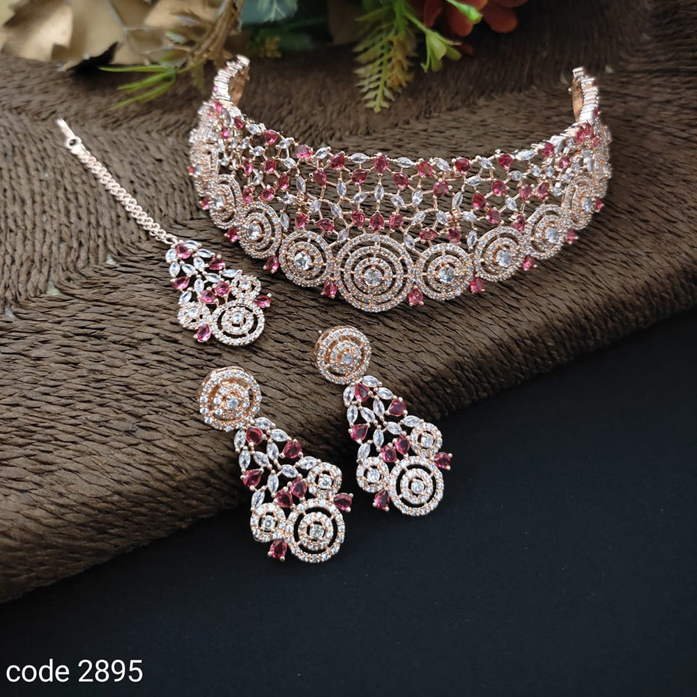 FS Collection Rose Gold Plated AD Stone Necklace Set