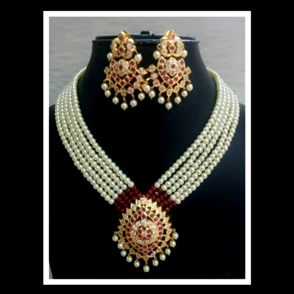 FS Collection Gold Plated Pota And Pearl Long Necklace Set