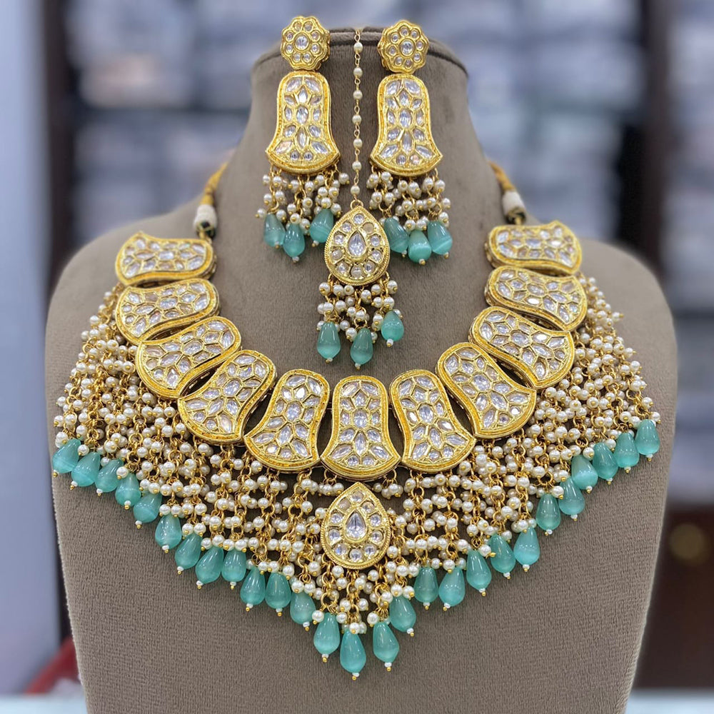 FS Collection Gold Plated Kundan Pearl And Beads Necklace Set