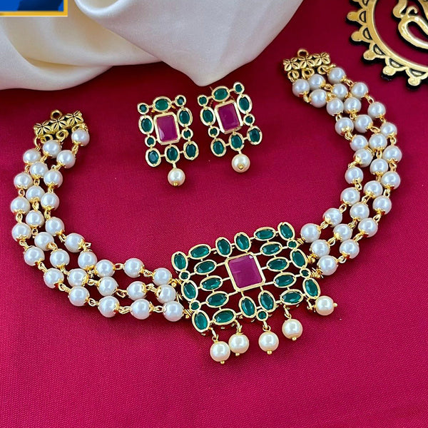 FS Collection Gold Plated Crystal Stone And Pearl Choker Necklace Set