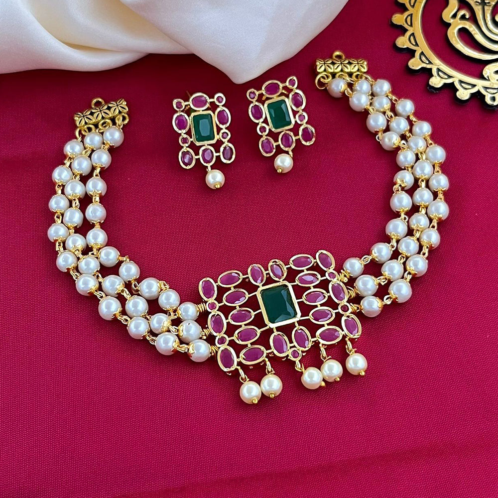 FS Collection Gold Plated Crystal Stone And Pearl Choker Necklace Set
