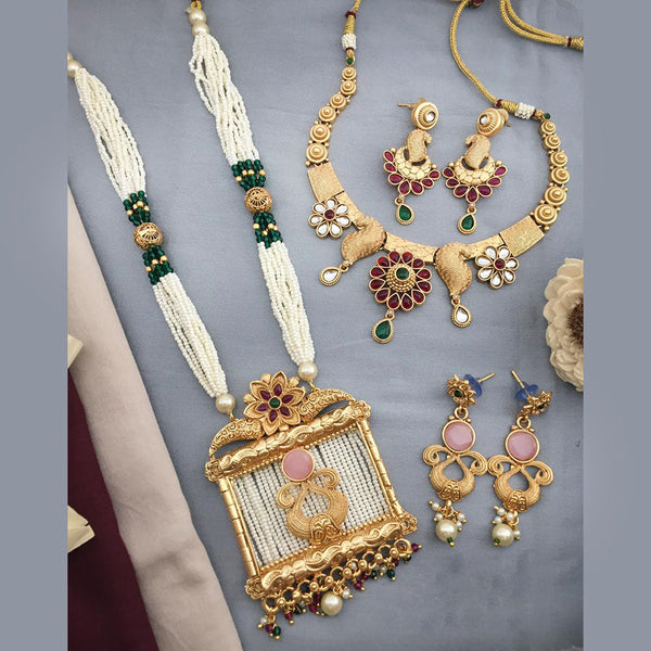 FS Collection Gold Plated Kundan Stone And Pearl Combo Set