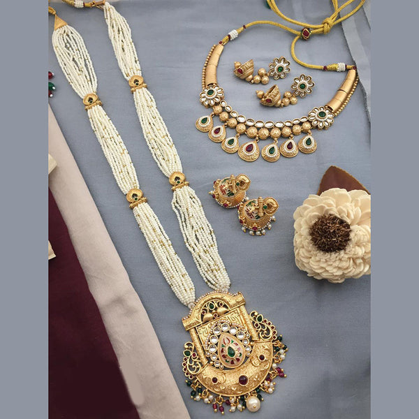 FS Collection Gold Plated Kundan Stone And Pearl Combo Set