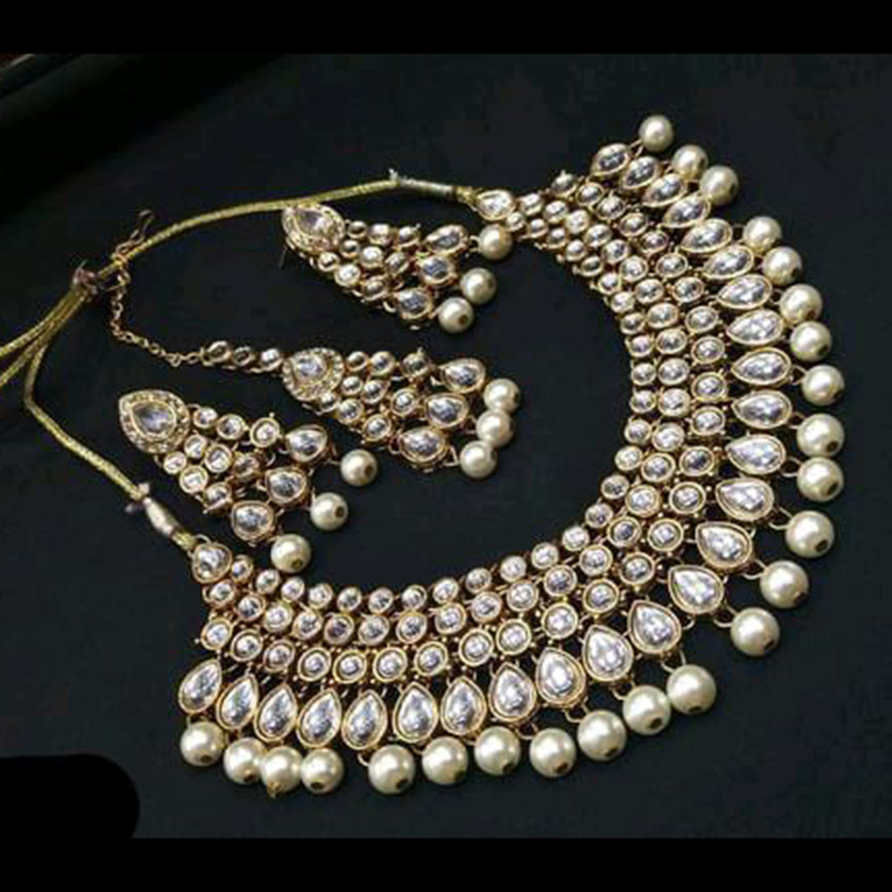 FS Collection Gold Plated Kundan And Beads Necklace Set