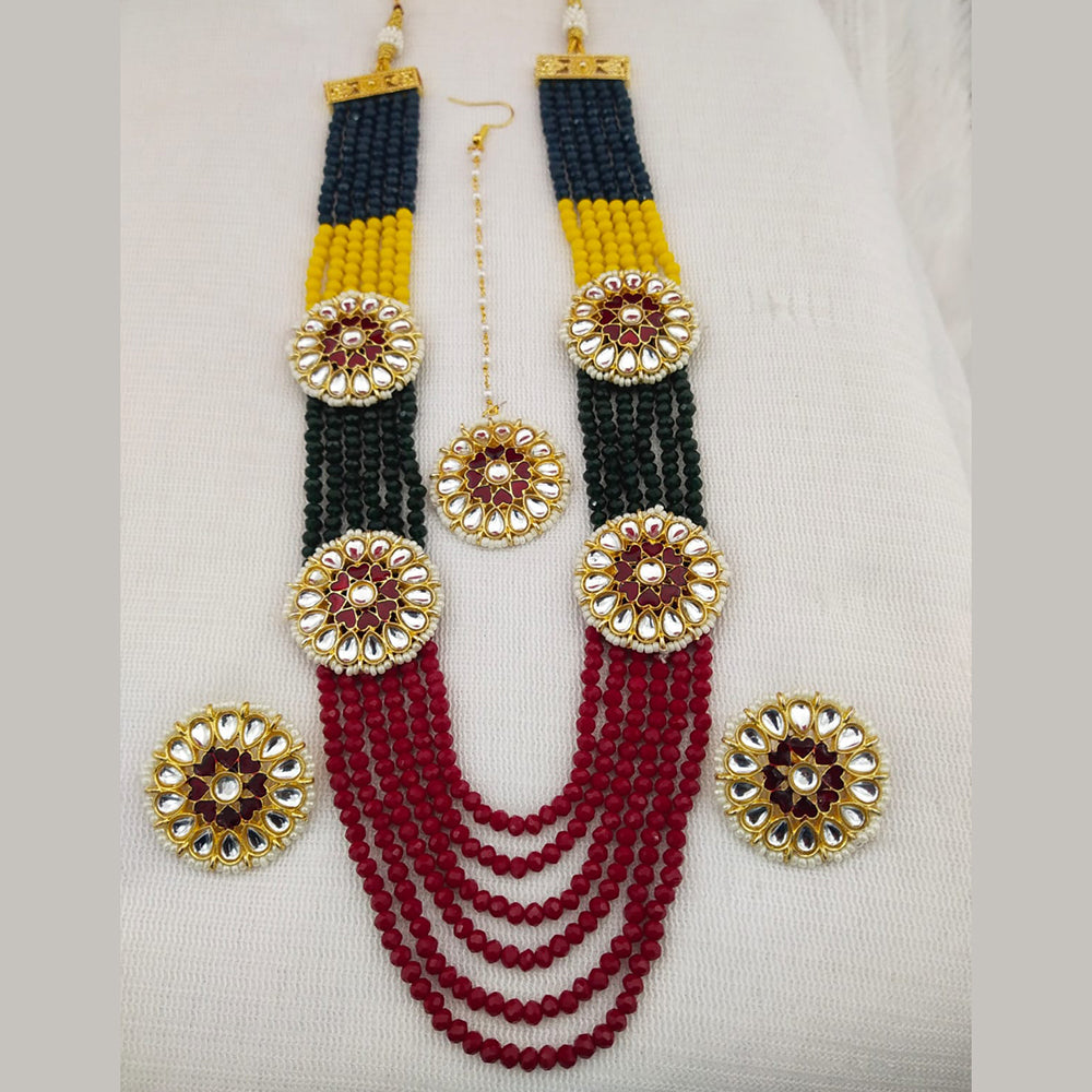FS Collection Gold Plated Kundan And Beads Multi Layer Long Necklace Set