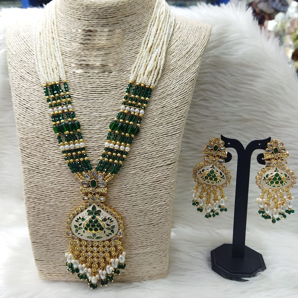 FS Collection Gold Plated Kundan And Pearl Long Necklace Set