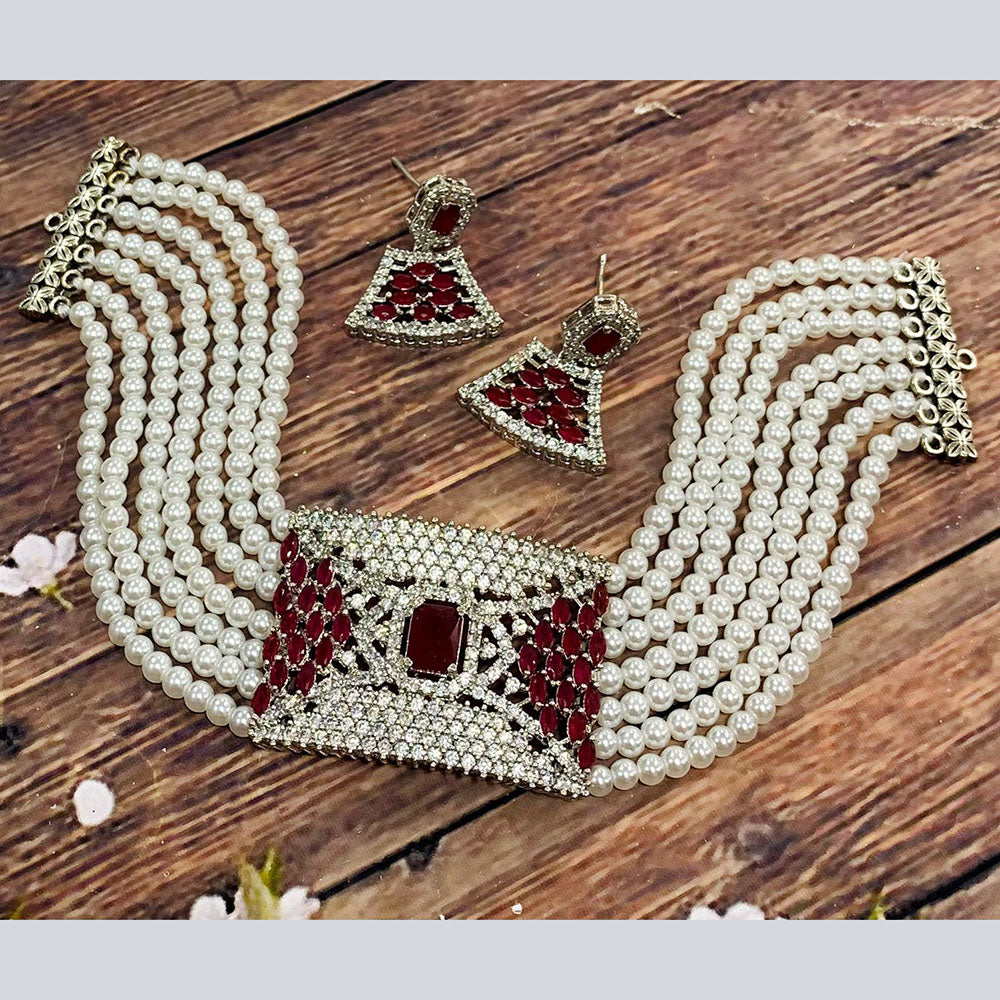 FS Collection Silver Plated AD Choker Necklace Set