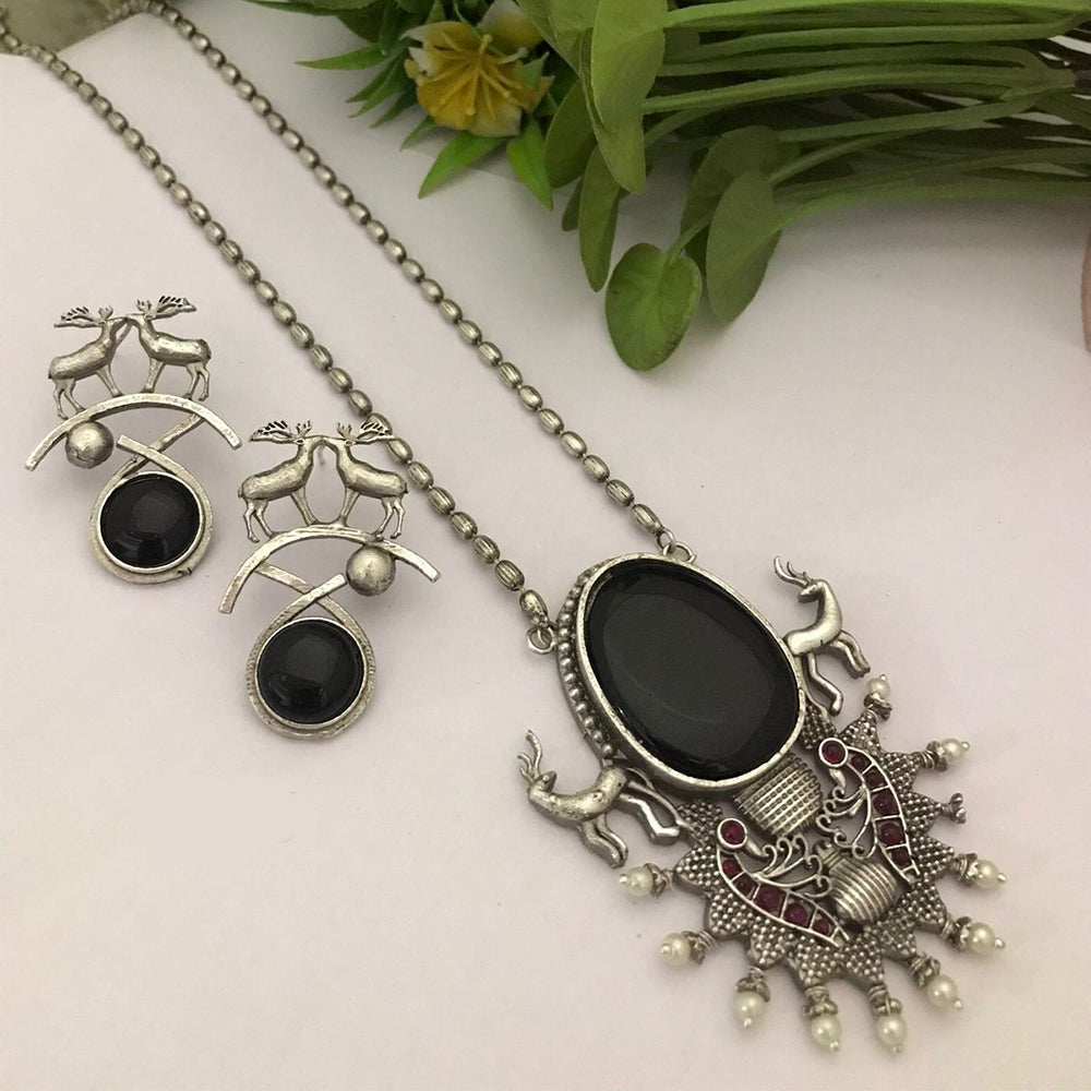 FS Collection Oxidised Plated Pota Stone Long Necklace Set
