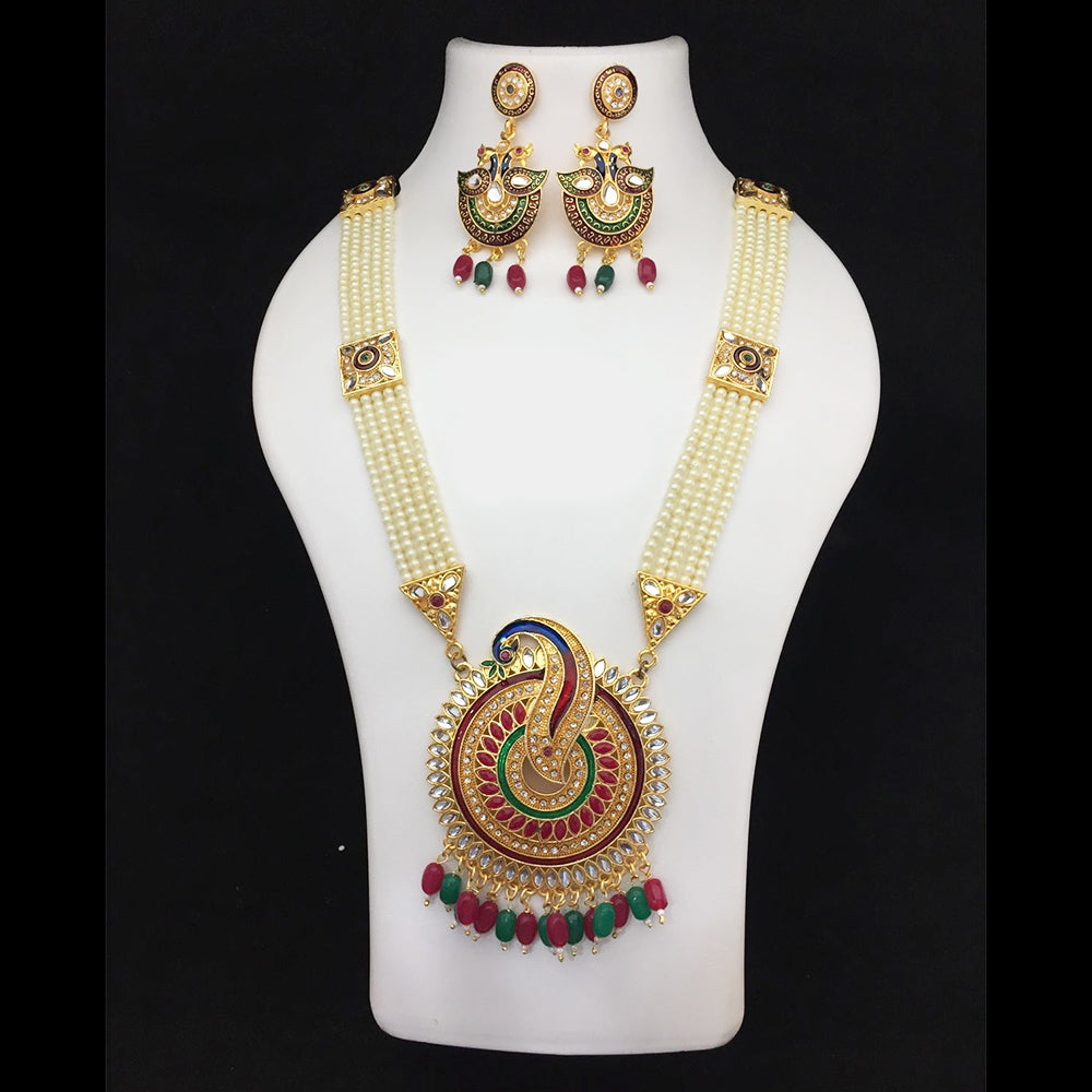 Fs Collection Gold Plated Meenakari And Pearls Long Necklace Set