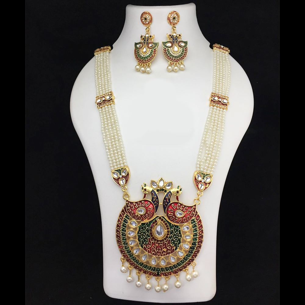 Fs Collection Gold Plated Meenakari And Pearls Long Necklace Set