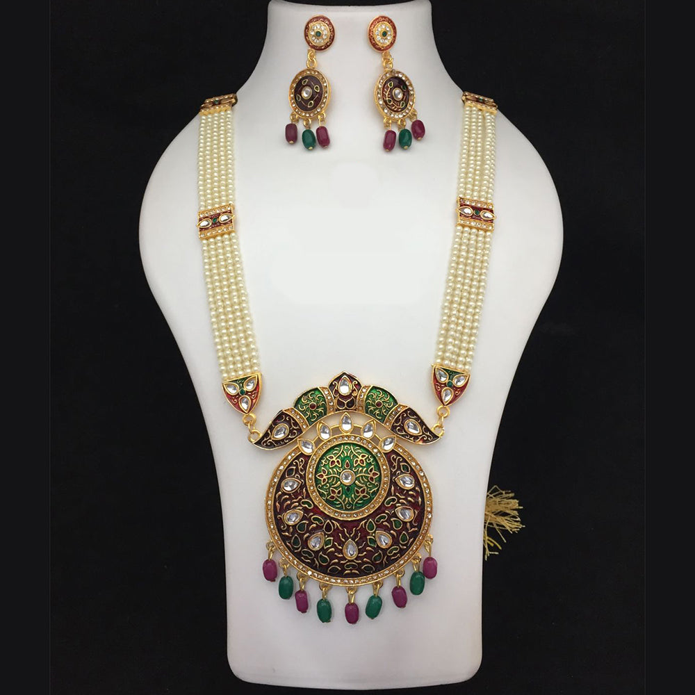 Fs Collection Gold Plated Meenakari And Pearls Long Necklace Set