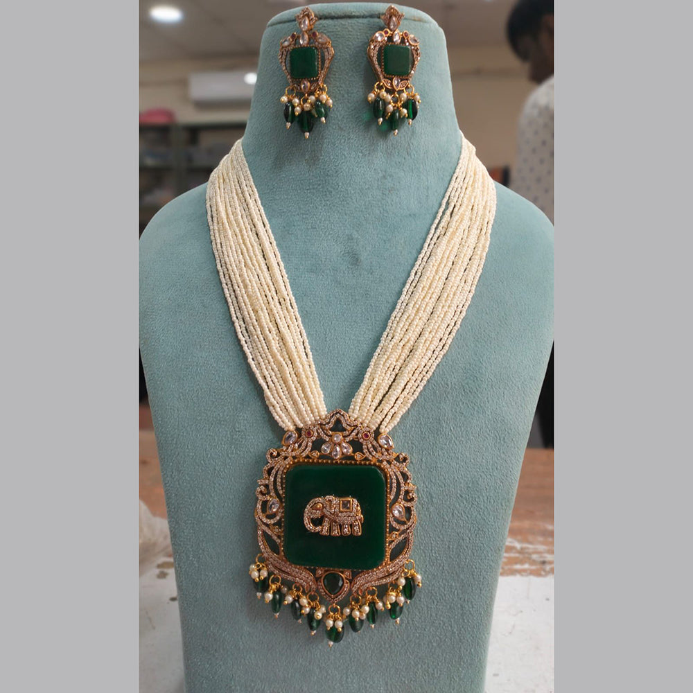 Fs Collection Gold Plated AD And Pearl Long Necklace Set