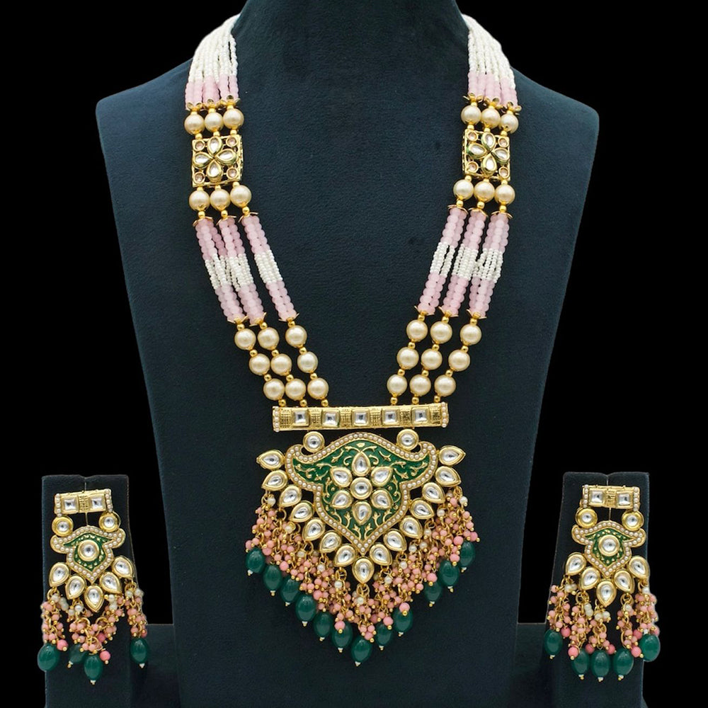 Fs Collection Gold Plated Kundan Stone And Pearls Long Necklace Set