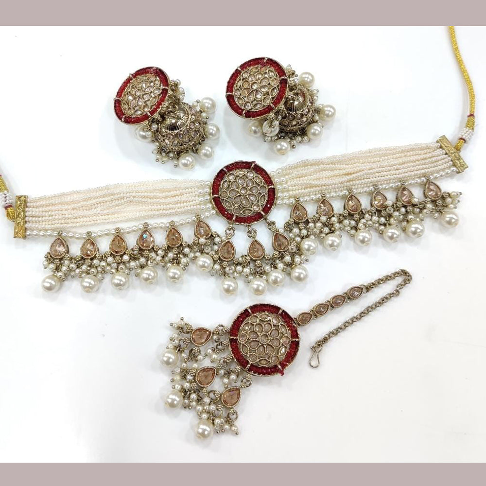 FS Collection Gold Plated Kundan Stone And Pearl Choker Necklace Set