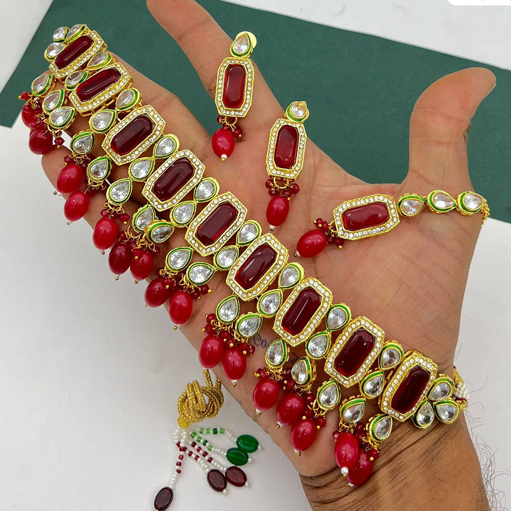 FS Collection Gold Plated Kundan Stone And Pearl Choker Necklace Set
