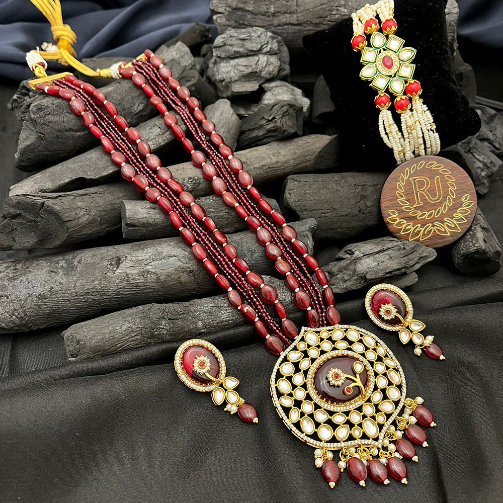 FS Collection Gold Plated Kundan Stone Long Necklace Set