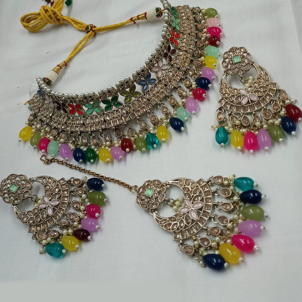FS Collection Gold Plated Crystal Stone And Beads Choker Necklace Set