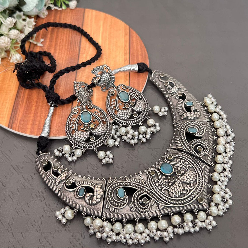 FS Collection Oxidised Plated Pota Stone And Pearl Necklace Set