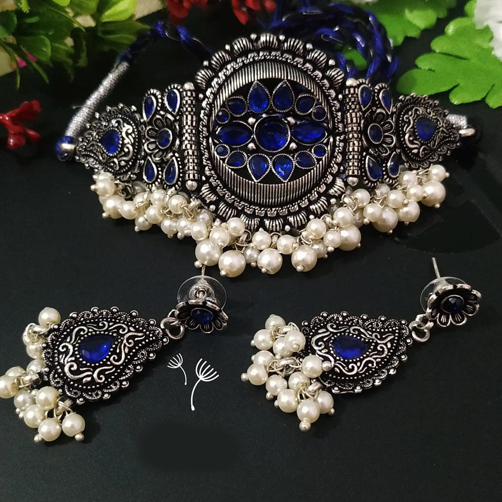 FS Collection Oxidised Plated Pota Stone And Pearl Choker Necklace Set