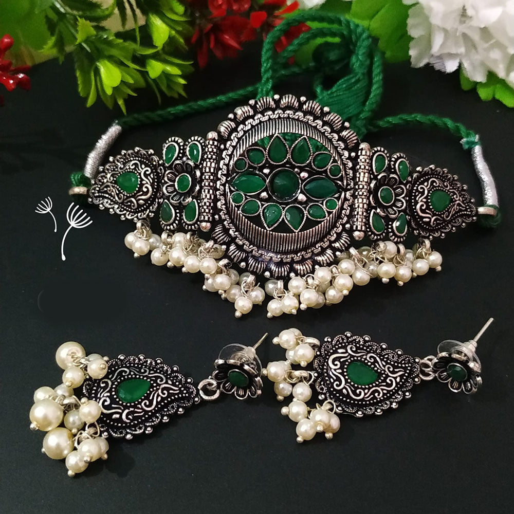 FS Collection Oxidised Plated Pota Stone And Pearl Choker Necklace Set