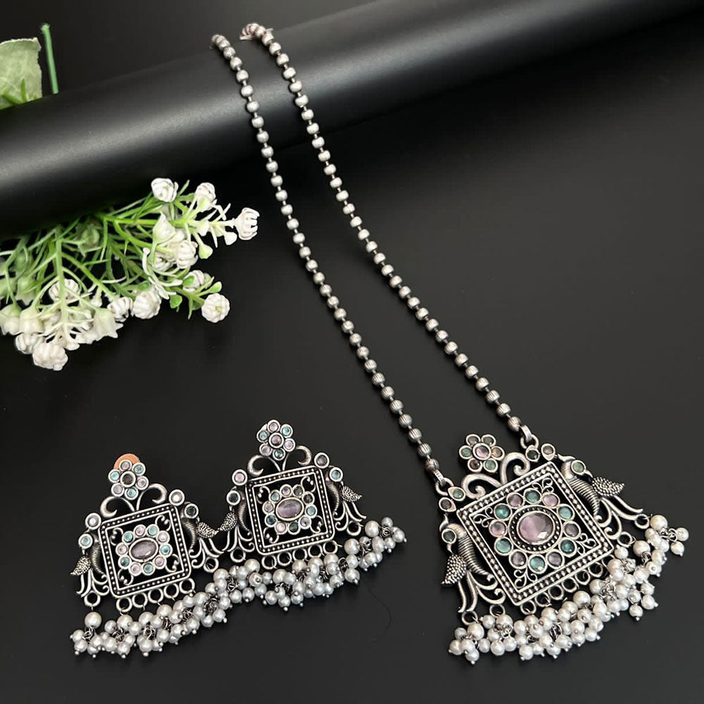 FS Collection Oxidised Plated Pota Stone And Pearl Necklace Set