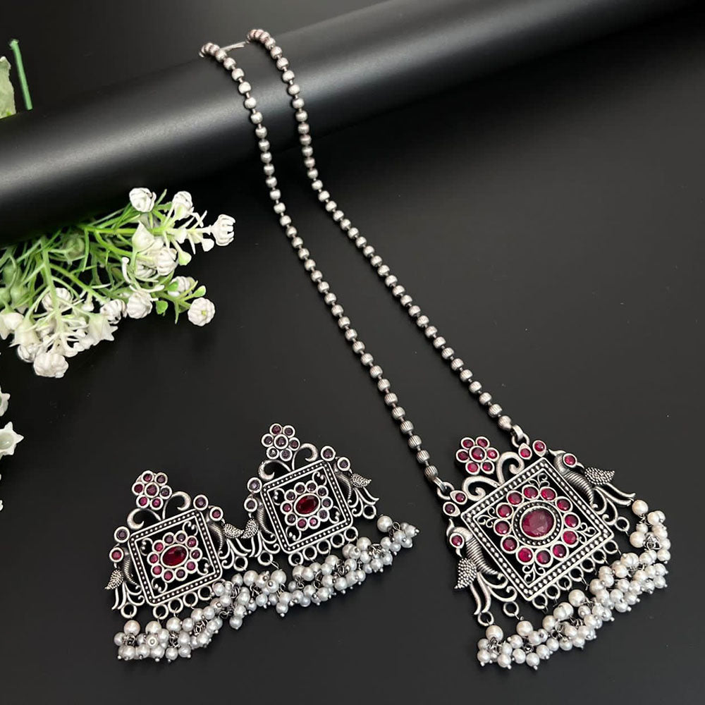 FS Collection Oxidised Plated Pota Stone And Pearl Necklace Set