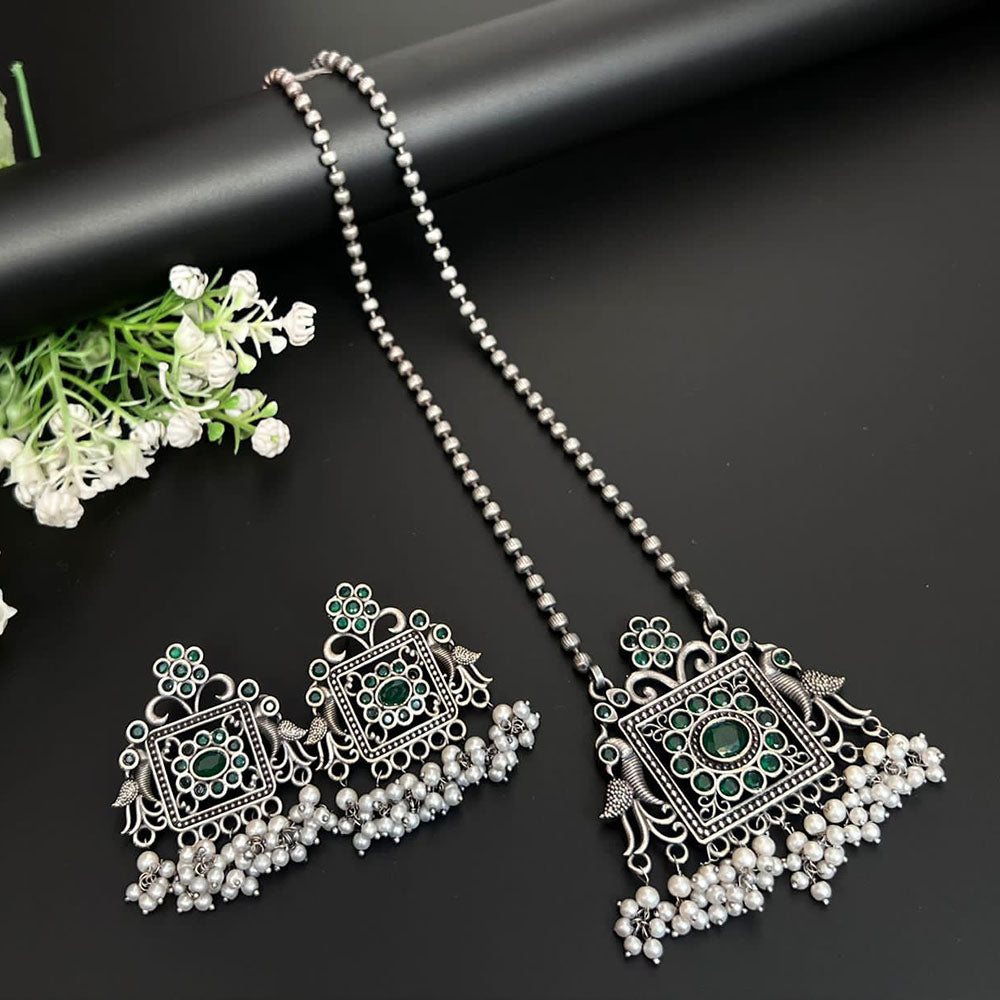 FS Collection Oxidised Plated Pota Stone And Pearl Necklace Set