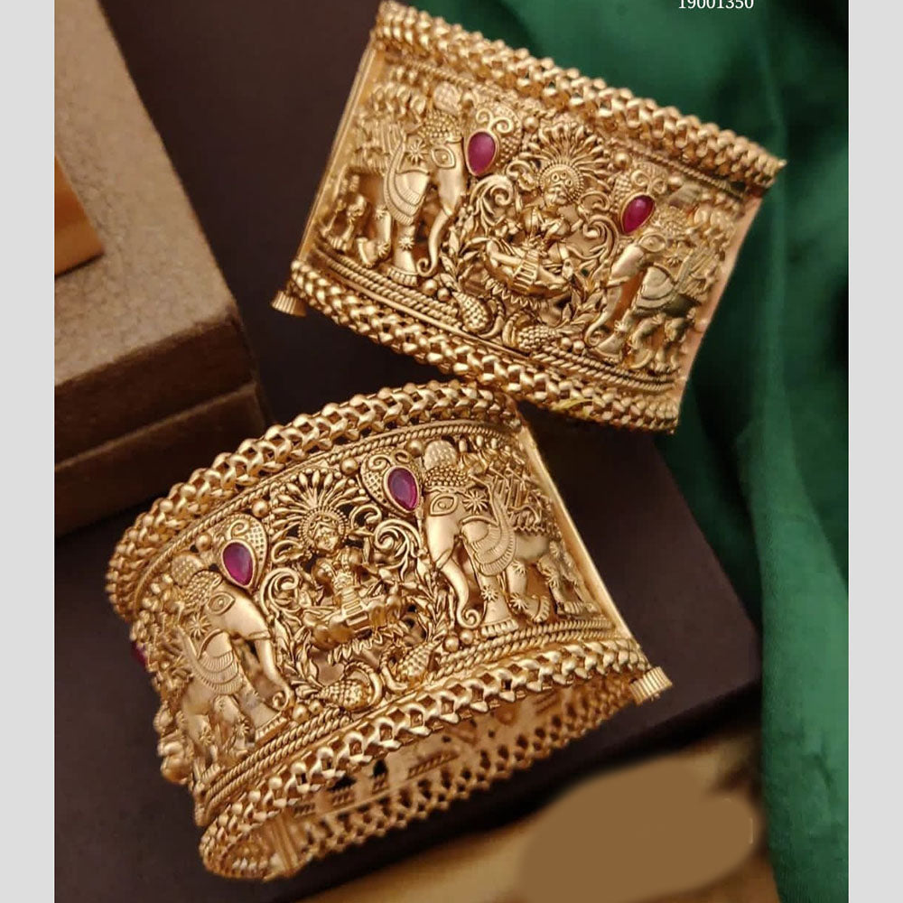 FS Collection Gold Plated Pota Stone Temple Openable Bangles Set
