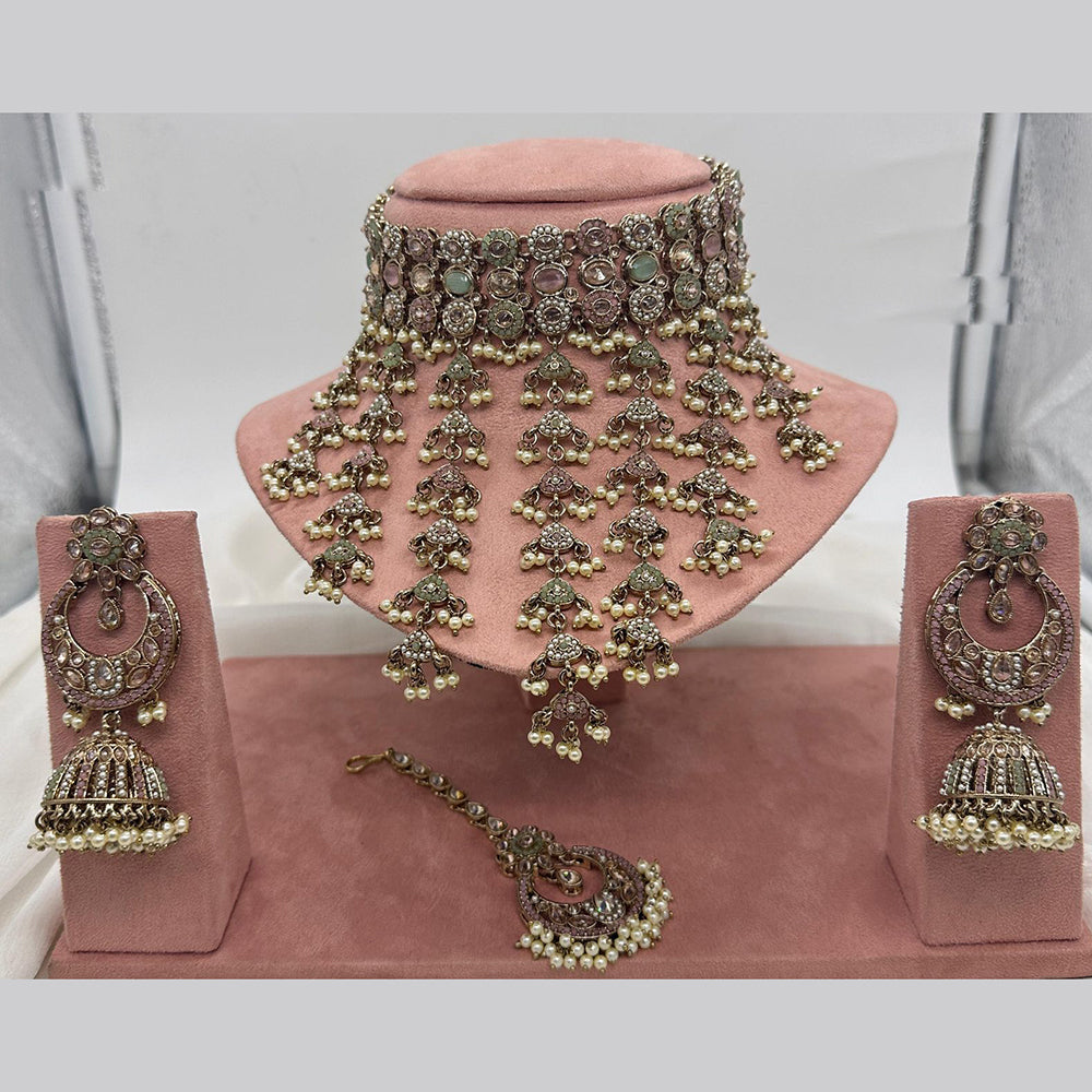 FS Collection Antique Gold Plated Austrian Stone and Pearl Choker Necklace Set