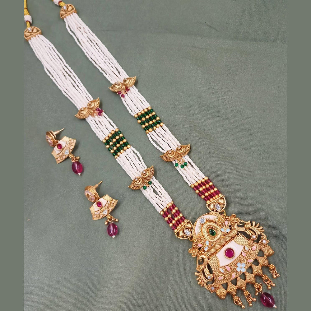 FS Collection Gold Plated Kundan Stone And Pearls Long Necklace Set