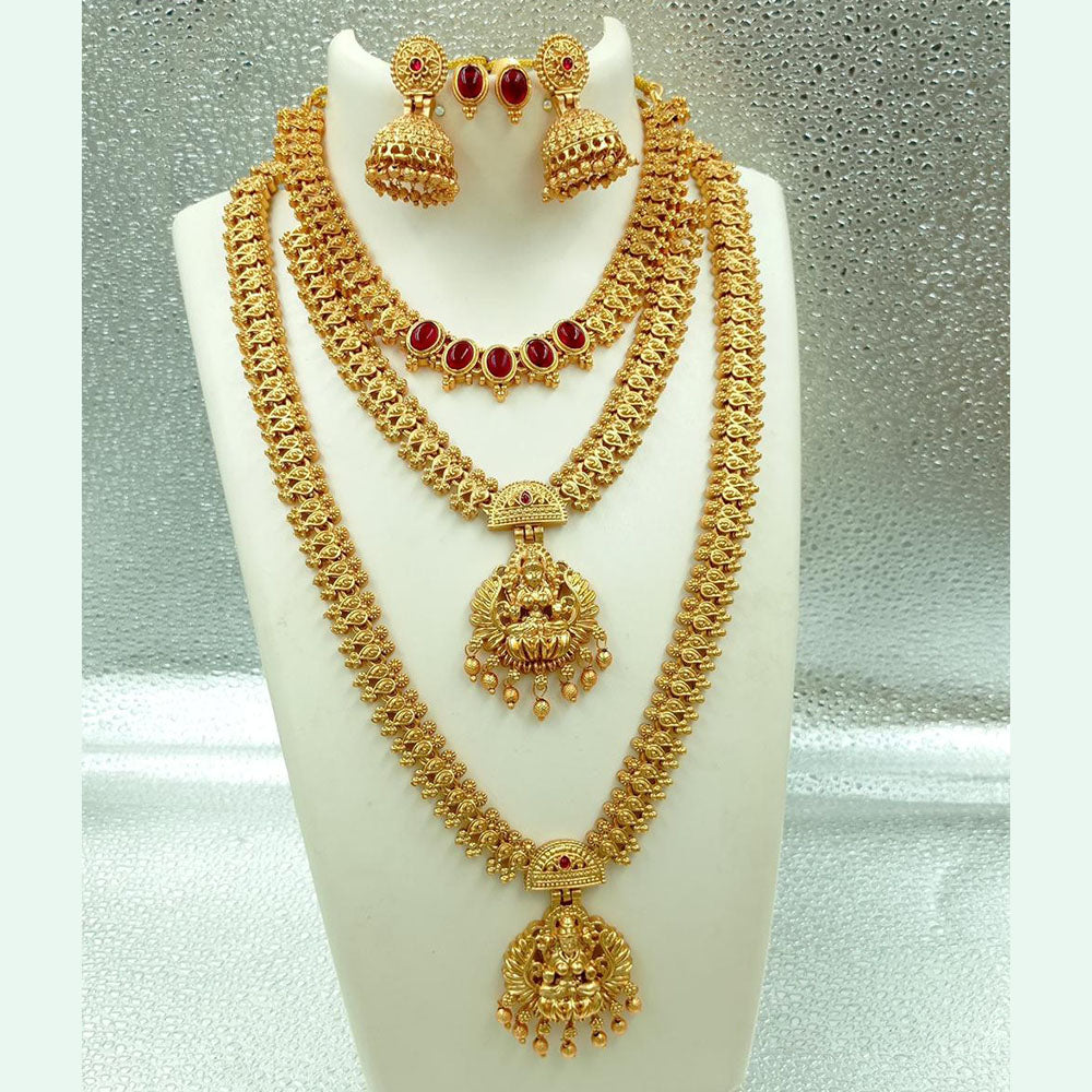 FS Collection Gold Plated Pota Stone Temple Long Necklace Combo Set
