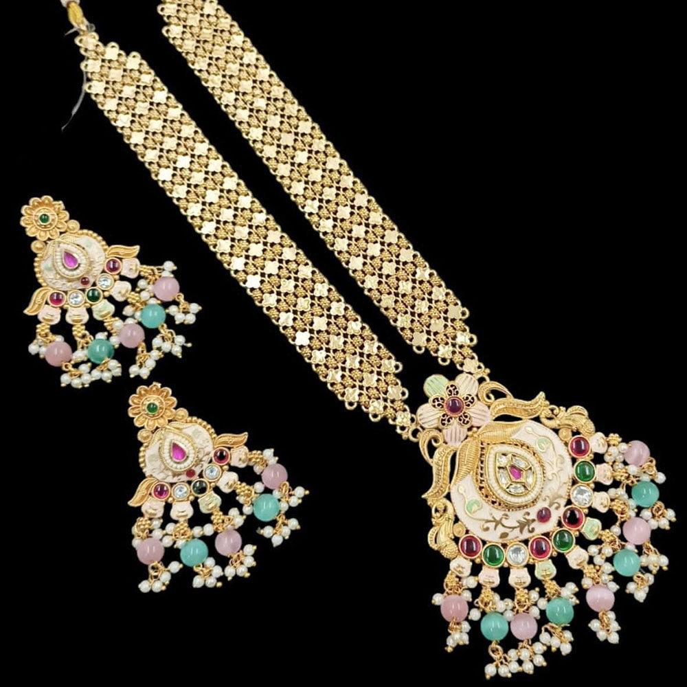 FS Collection Gold Plated Pota Stone And Meenakari Long Necklace Set