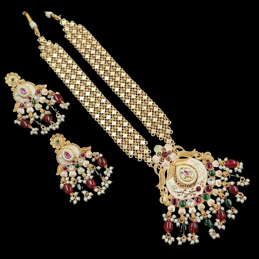 FS Collection Gold Plated Pota Stone And Meenakari Long Necklace Set