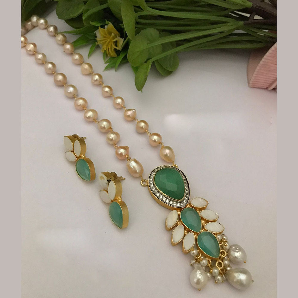 FS Collection Gold Plated Austrian Stone And Pearls Long Necklace Set