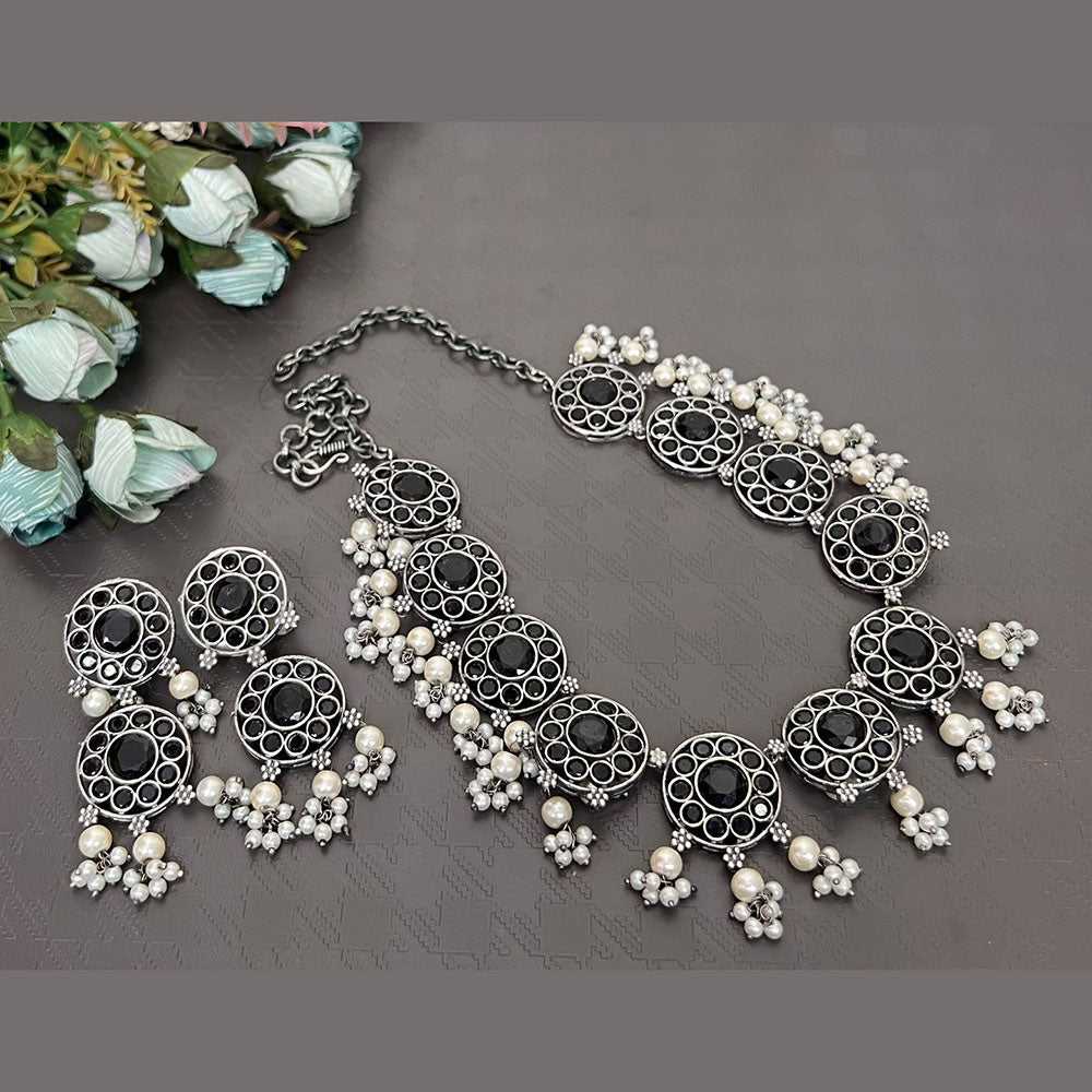 FS Collection Oxidised Plated Pota Stone And Pearls Necklace Set