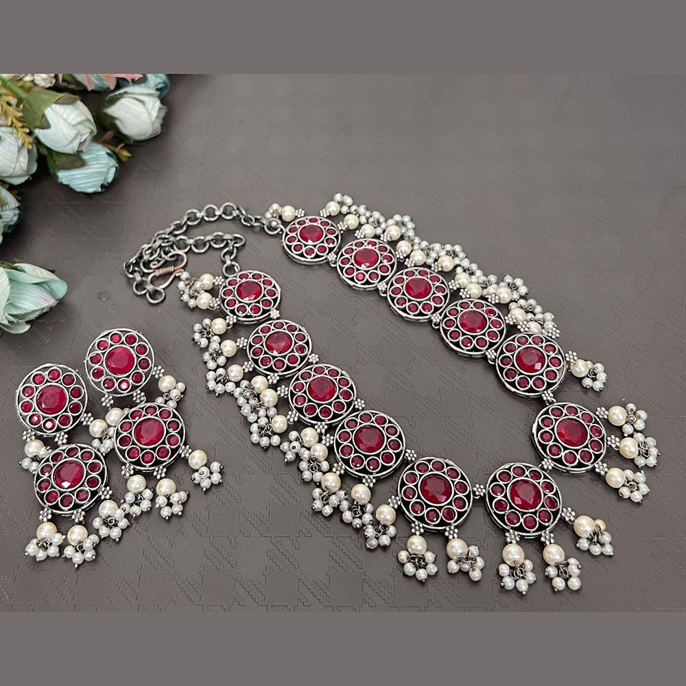 FS Collection Oxidised Plated Pota Stone And Pearls Necklace Set