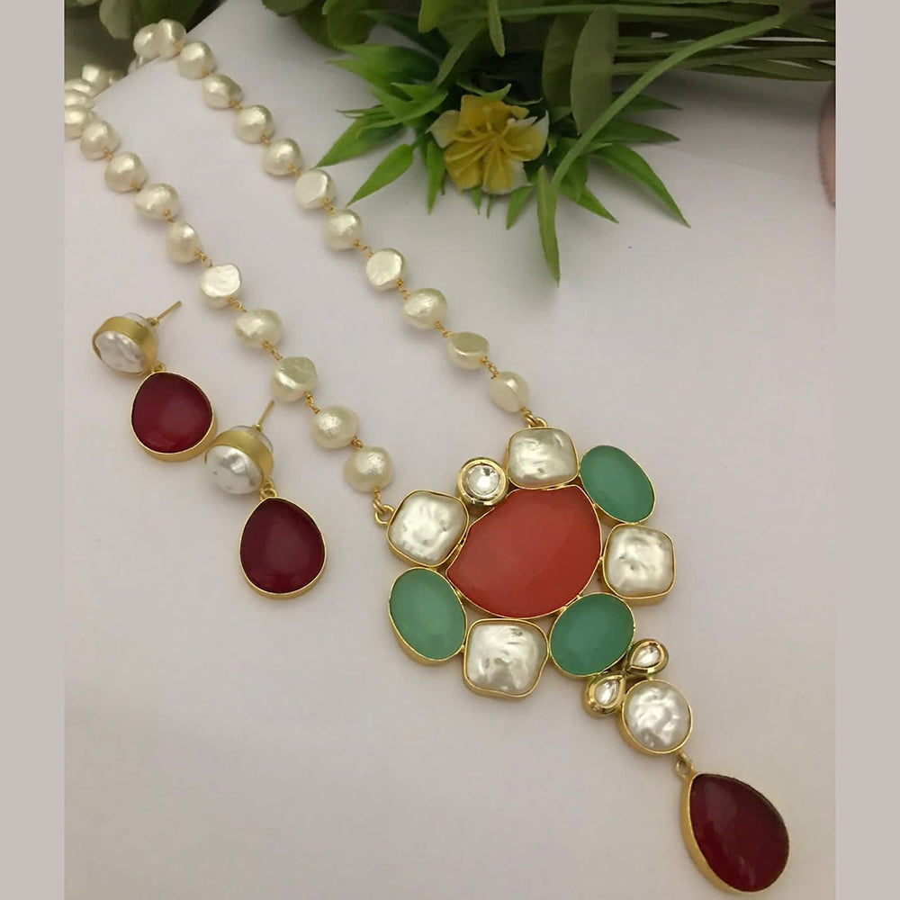 FS Collection Gold Plated Mother Of Pearls Long Necklace Set
