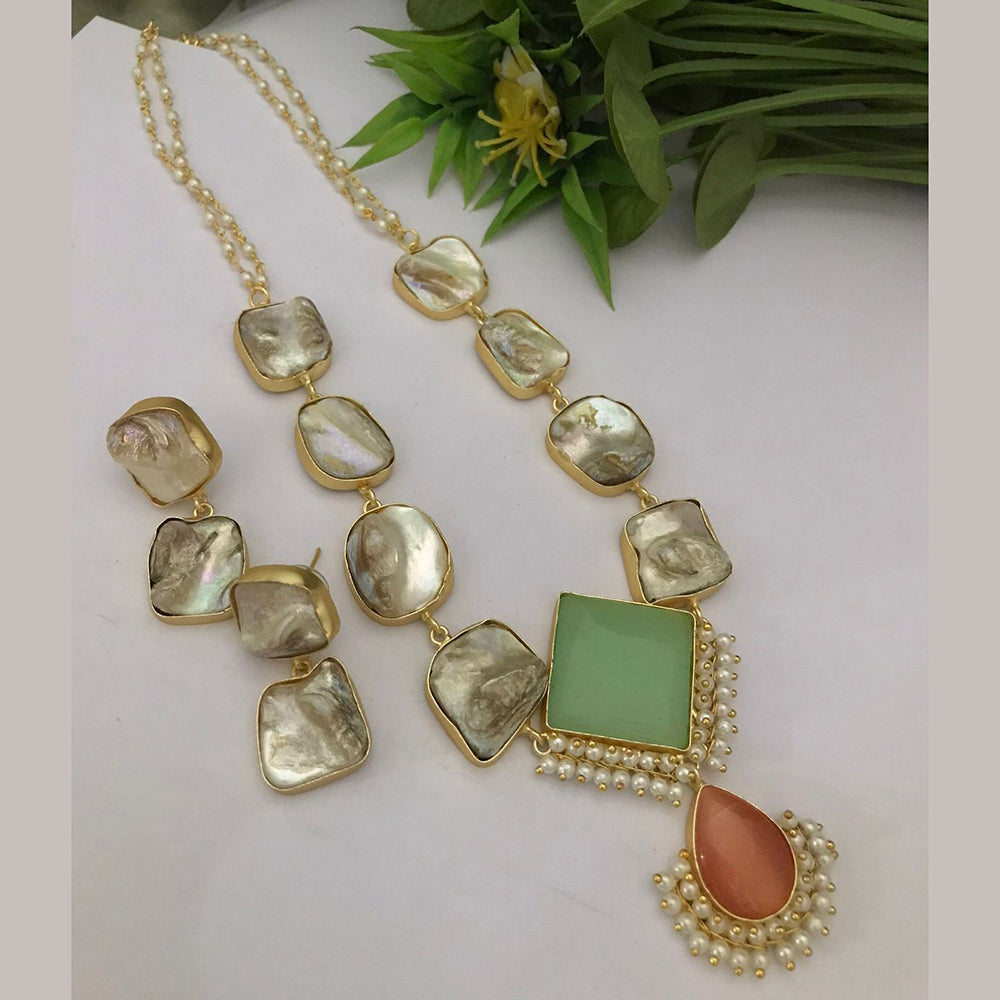 FS Collection Gold Plated Mother Of Pearls Long Necklace Set