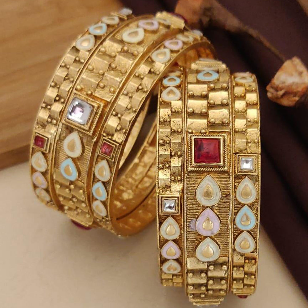 FS Collection Gold Plated Pota Stone And Meenakari Bangles Set