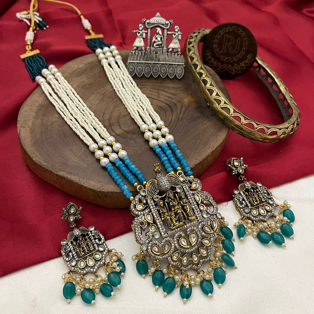 FS Collection Gold Plated Polki Kundan Stone Temple Long Necklace Set