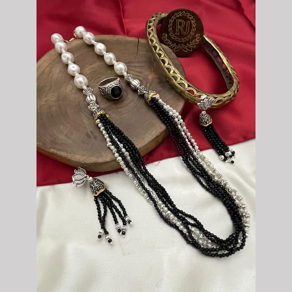 FS Collection Oxidised Plated Pearl And Beads Long Necklace Set