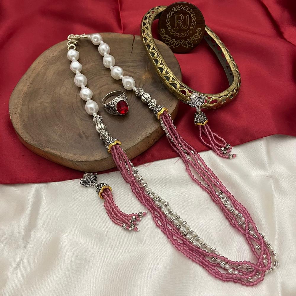 FS Collection Oxidised Plated Pearl And Beads Long Necklace Set