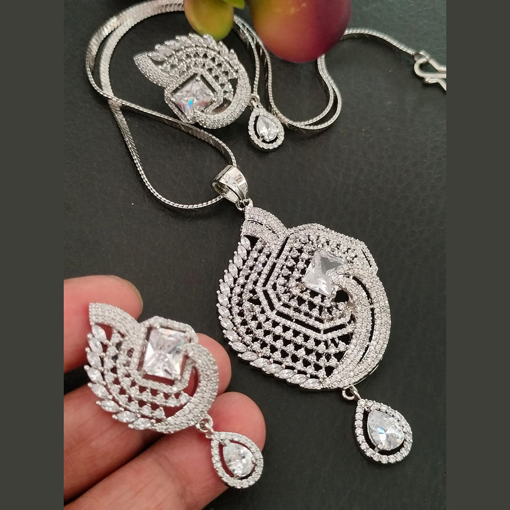 FS Collection Silver Plated American Diamond Chain Pendant Set