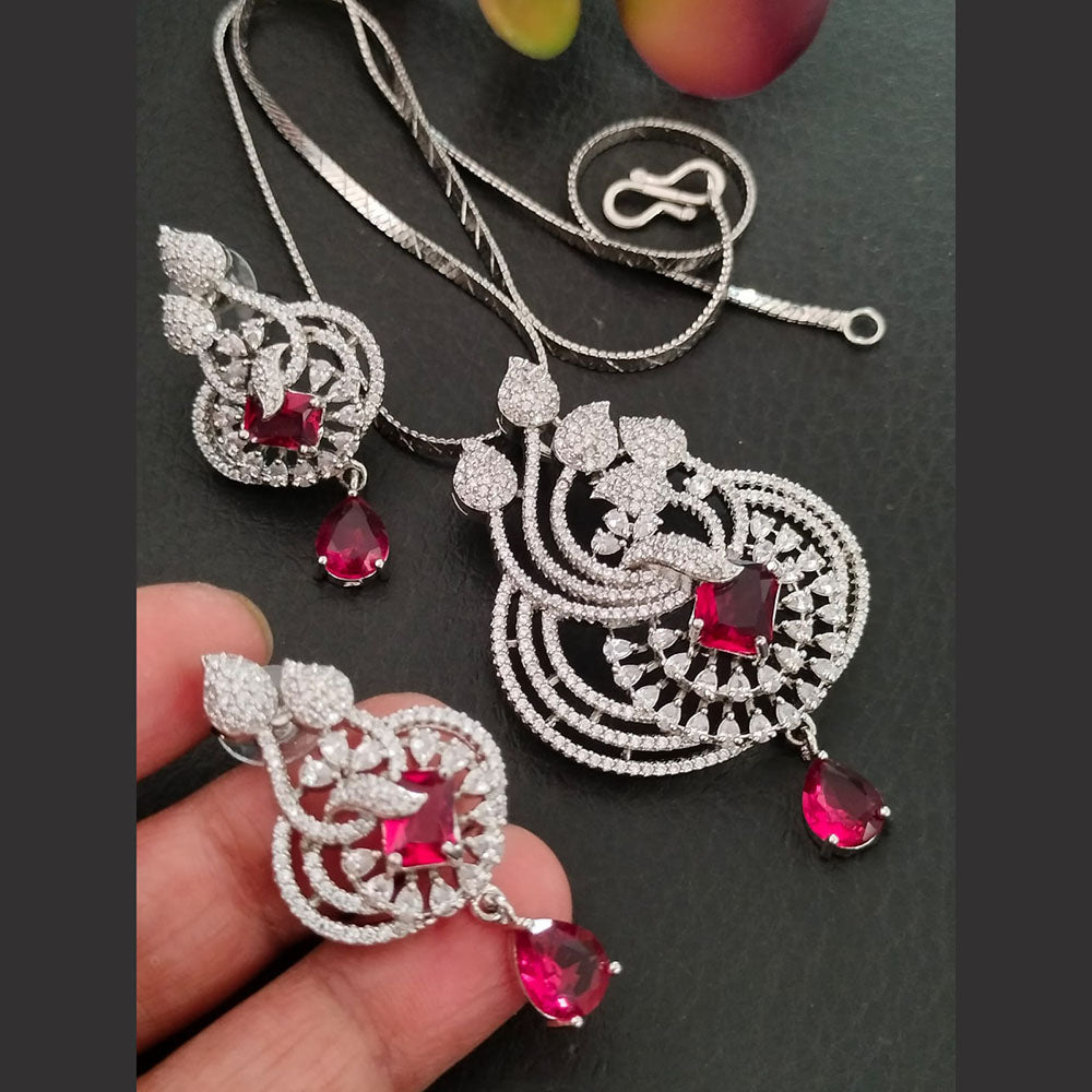FS Collection Silver Plated American Diamond Chain Pendant Set