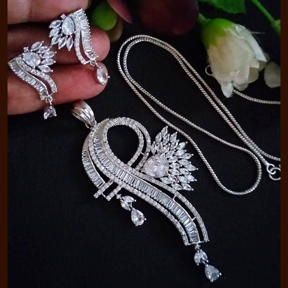 FS Collection Silver Plated American Diamond Chain Pendant Set