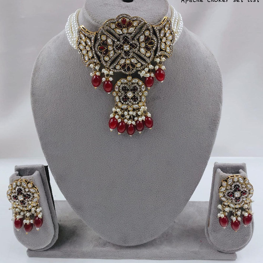 FS Collection Gold Plated Kundan Stone And Pearls Choker Necklace Set